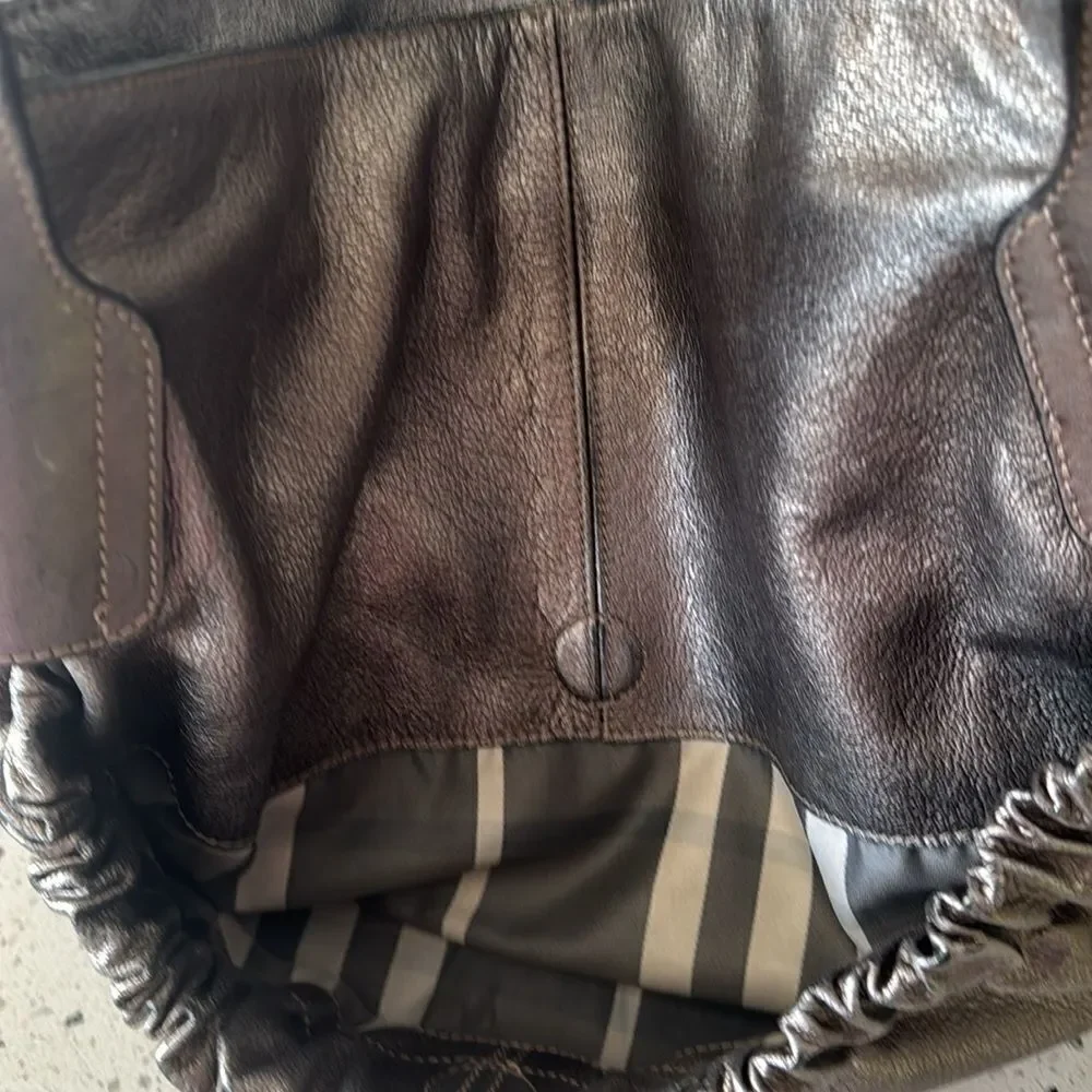 Burberry Warrior Metallic Pewter Leather Satchel Shoulder Handbag Hobo Ruched